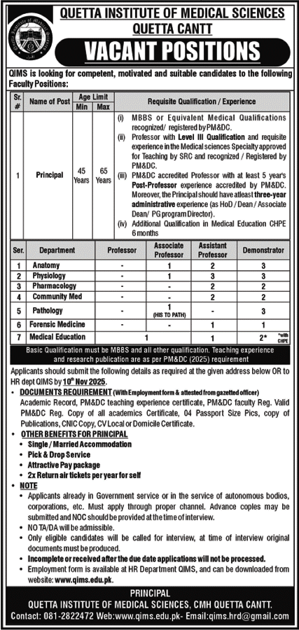 Job Posts in Quetta Institute of Medical Sciences QIMS