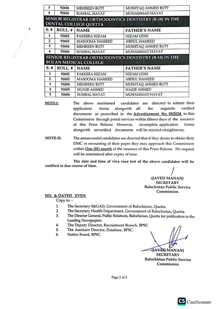 Result of BPSC Exam in Health Department