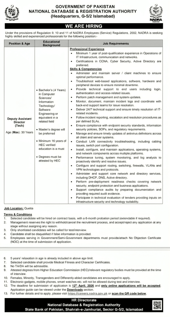 NADRA Jobs 2026 Quetta Deputy Assistant Director Advertisement”