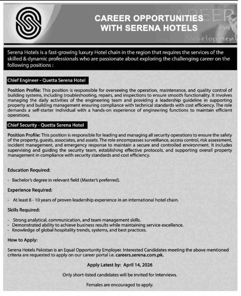 Apply for Serena Hotel Quetta jobs in 2026