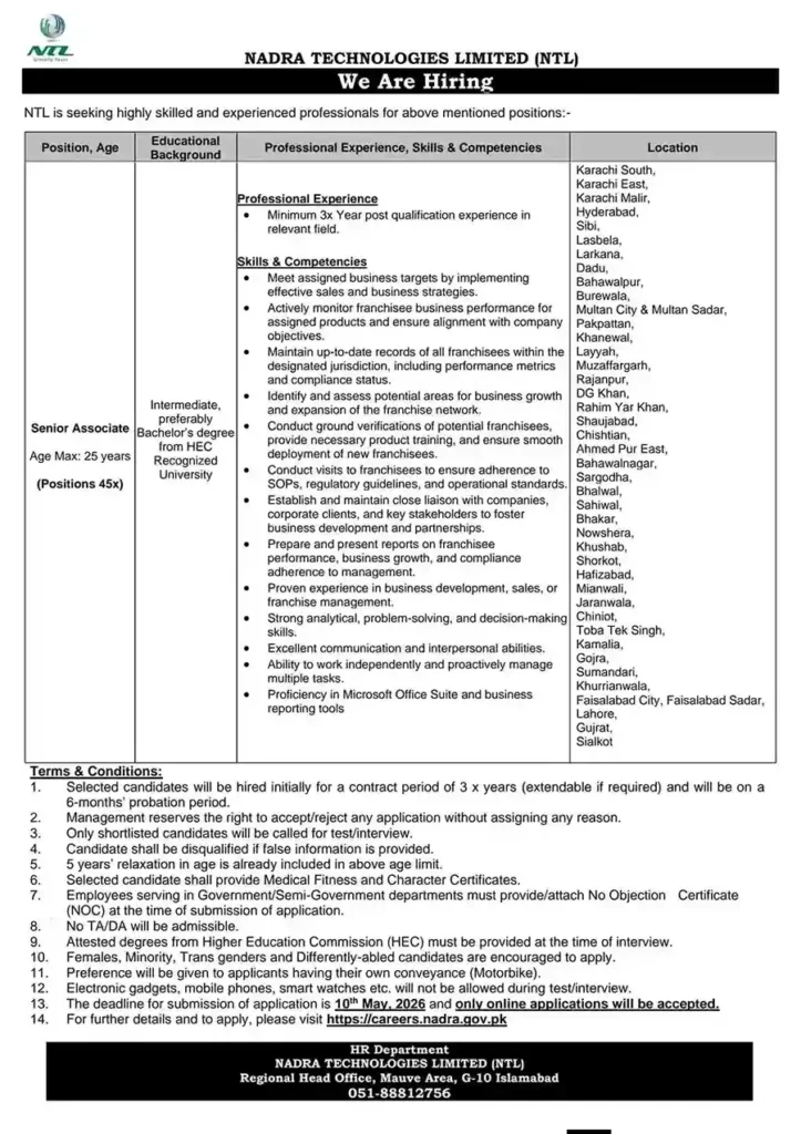 NADRA Technologies Limited NTL Jobs 2026
