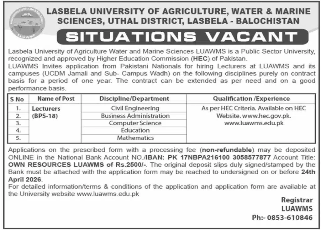 Advertisement for the latest lecturer jobs in Balochistan.