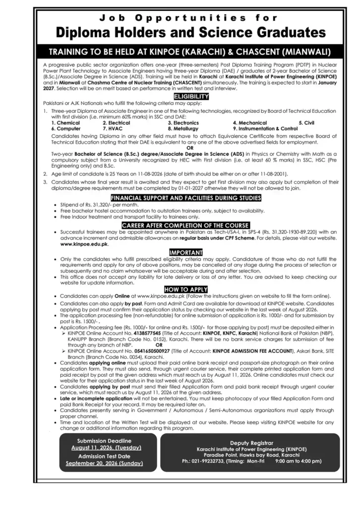Job Opportunities for Diploma Holders and Science Graduates Training Program