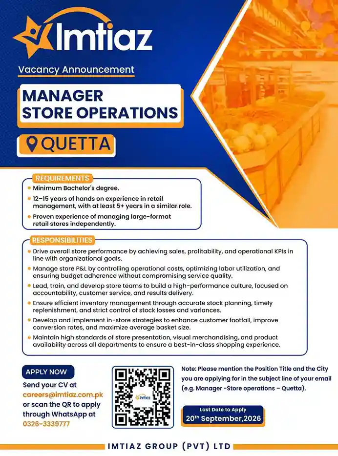 Imtiaz BA Mall Quetta jobs 2026
