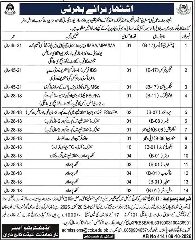 Cadet College Kharan Jobs 2026 official advertisement