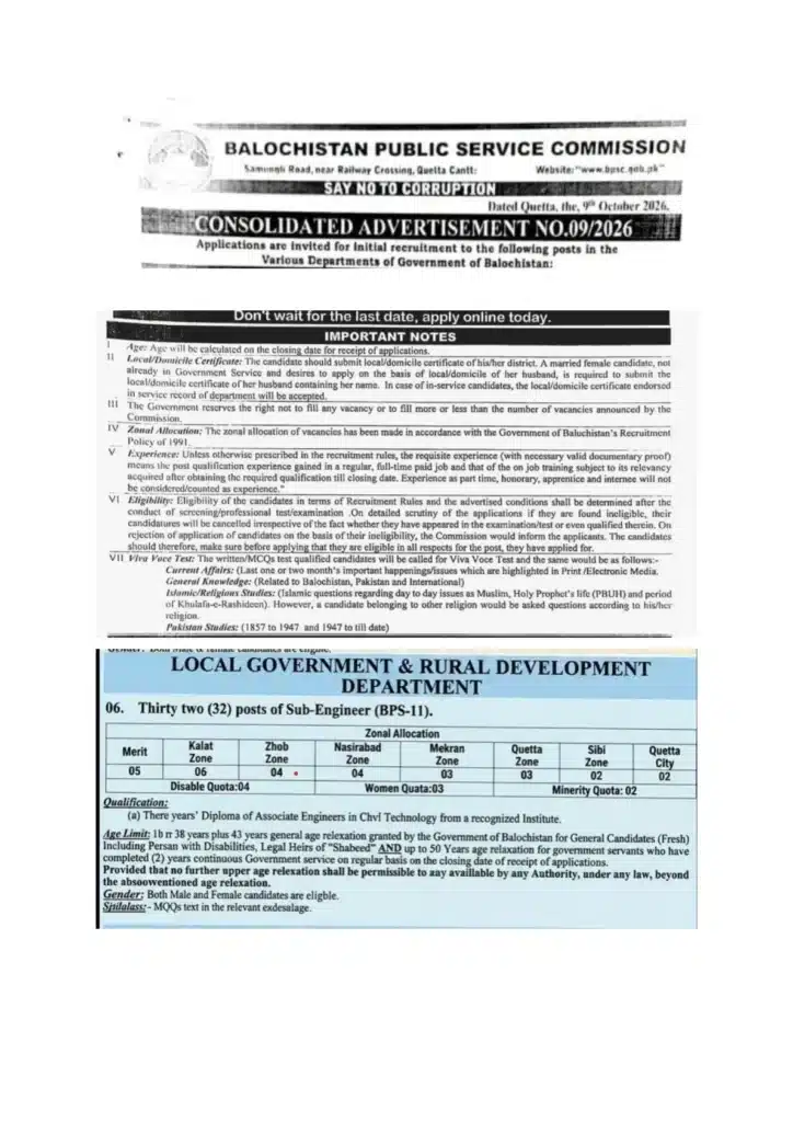 BPSC Sub engineer jobs Local Government, Balochistan
